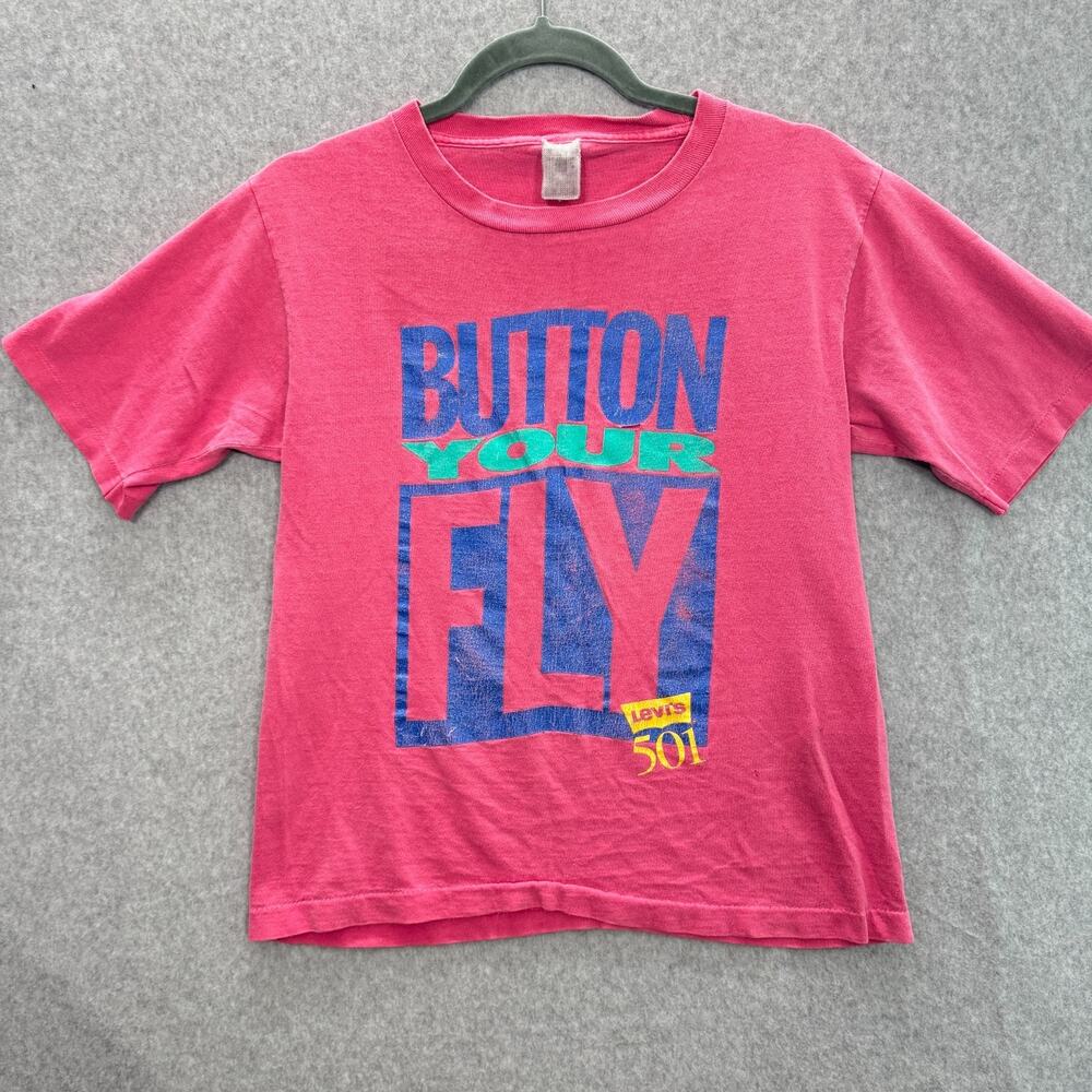 VTG 90s Levi's 501 Button Your Fly Women's S Single Stitch Graphic T Shirt Pink